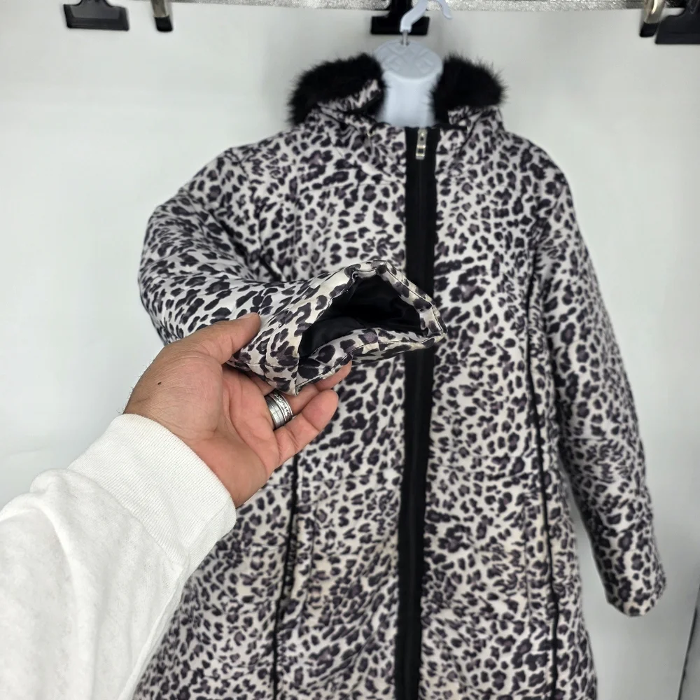 INTL DETAILS Leopard Puffer Coat Womens 1X Black Faux Fur Hood Winter Jacket - Picture 6 of 9
